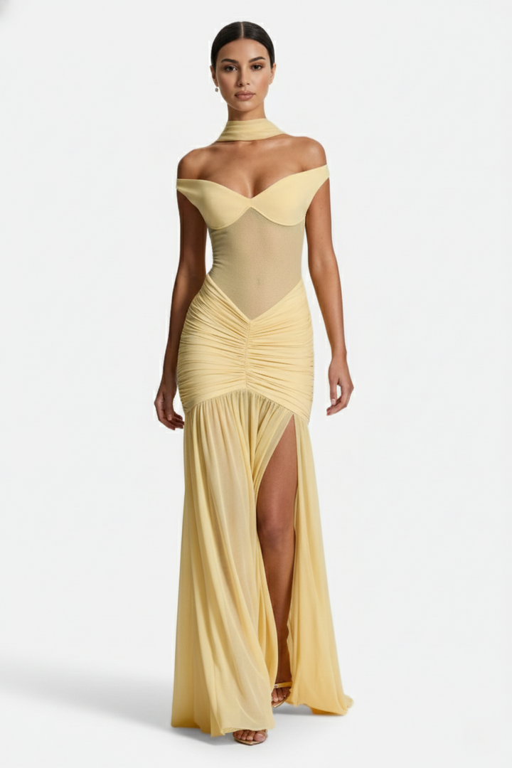 Off-Shoulder Ruched Evening Maxi Dress with High Slit and Mesh Bodice