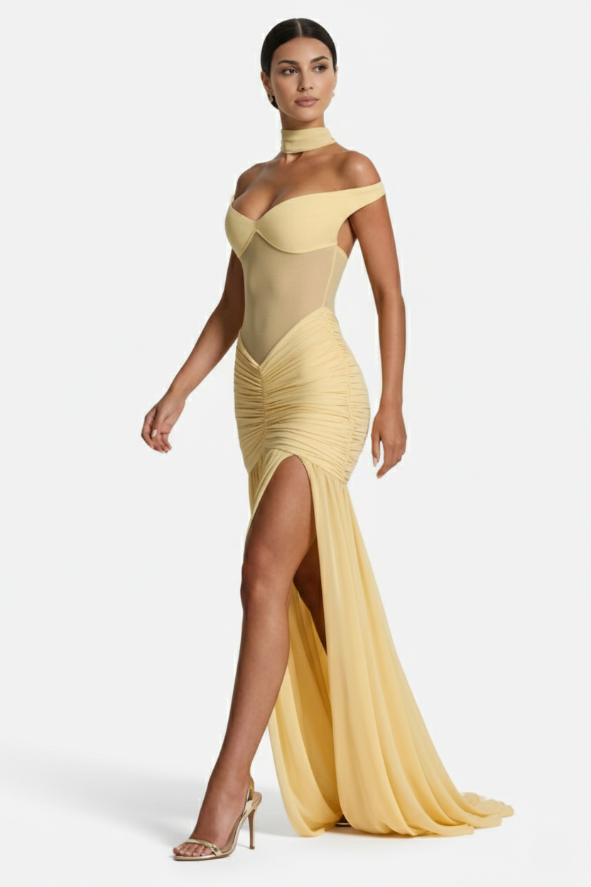 Off-Shoulder Ruched Evening Maxi Dress with High Slit and Mesh Bodice