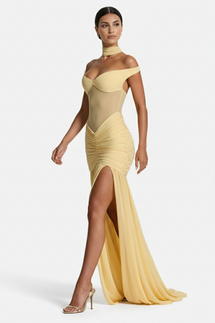 Off-Shoulder Ruched Evening Maxi Dress with High Slit and Mesh Bodice