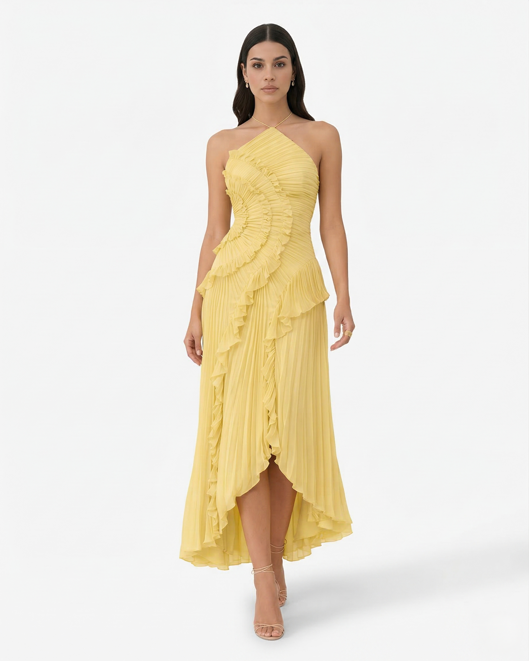 Pleated Ruffle Halter Neck Maxi Dress Asymmetrical Hem