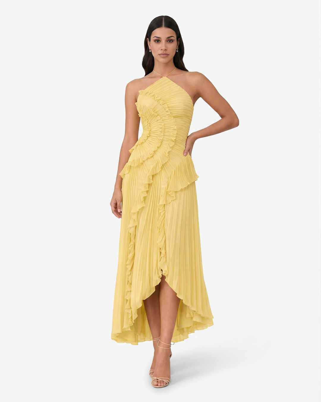 Pleated Ruffle Halter Neck Maxi Dress Asymmetrical Hem