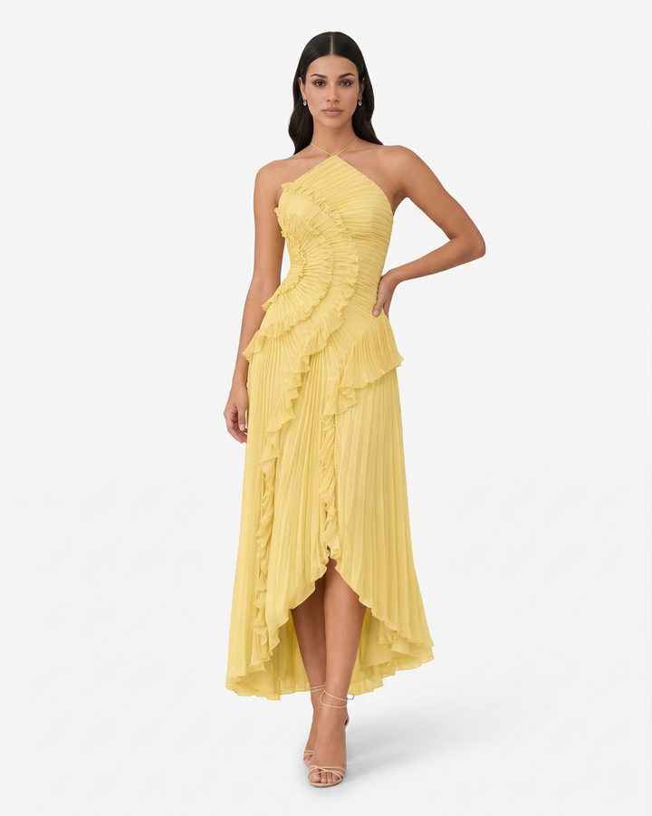 Pleated Ruffle Halter Neck Maxi Dress Asymmetrical Hem