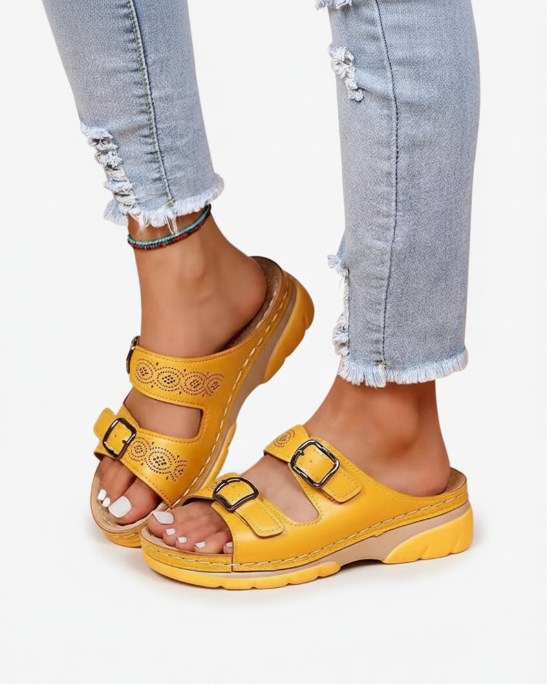 Slide Sandals Low Wedge Double Buckle Open Toe