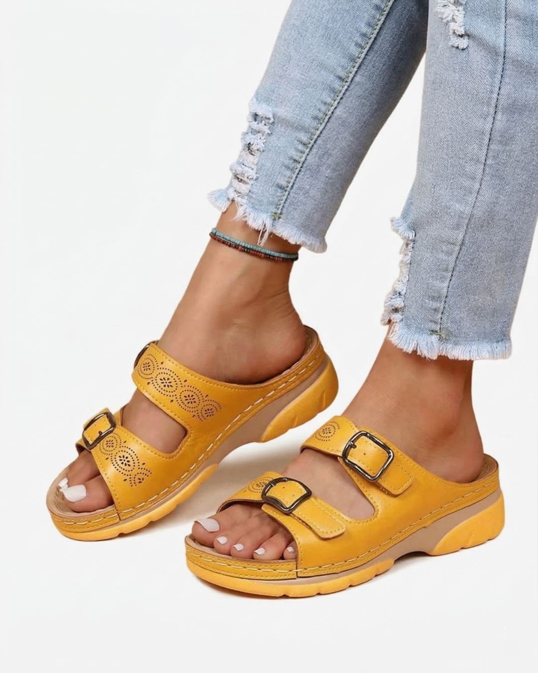 Slide Sandals Low Wedge Double Buckle Open Toe