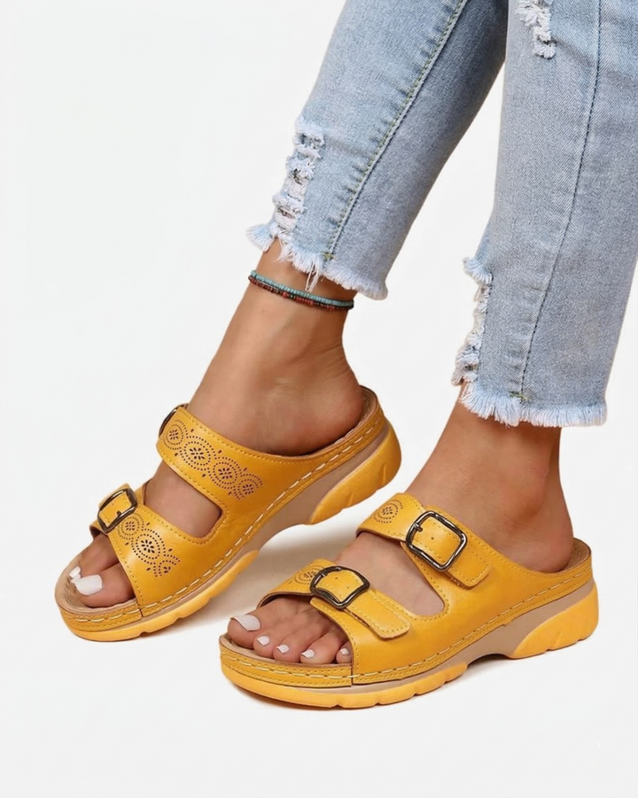 Slide Sandals Low Wedge Double Buckle Open Toe