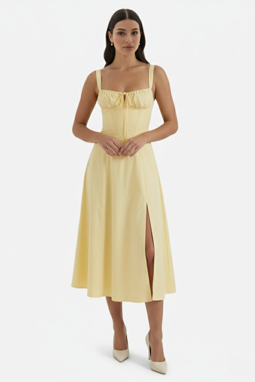 Summer Midi Dress Ruched Bust Tie Lace Up Back