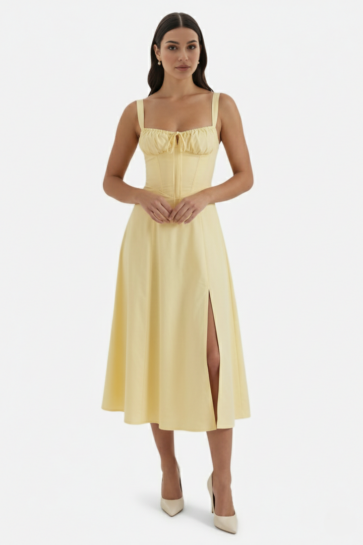 Summer Midi Dress Ruched Bust Tie Lace Up Back