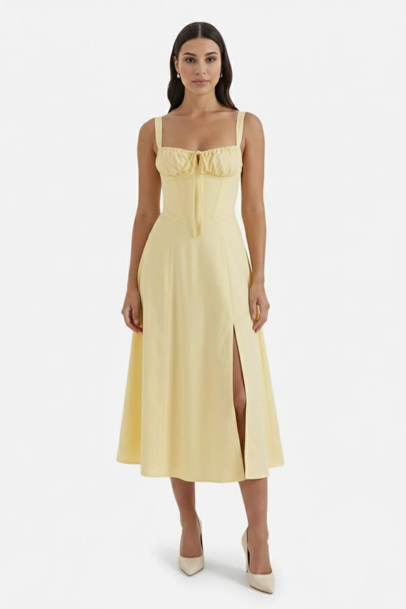 Summer Midi Dress Ruched Bust Tie Lace Up Back