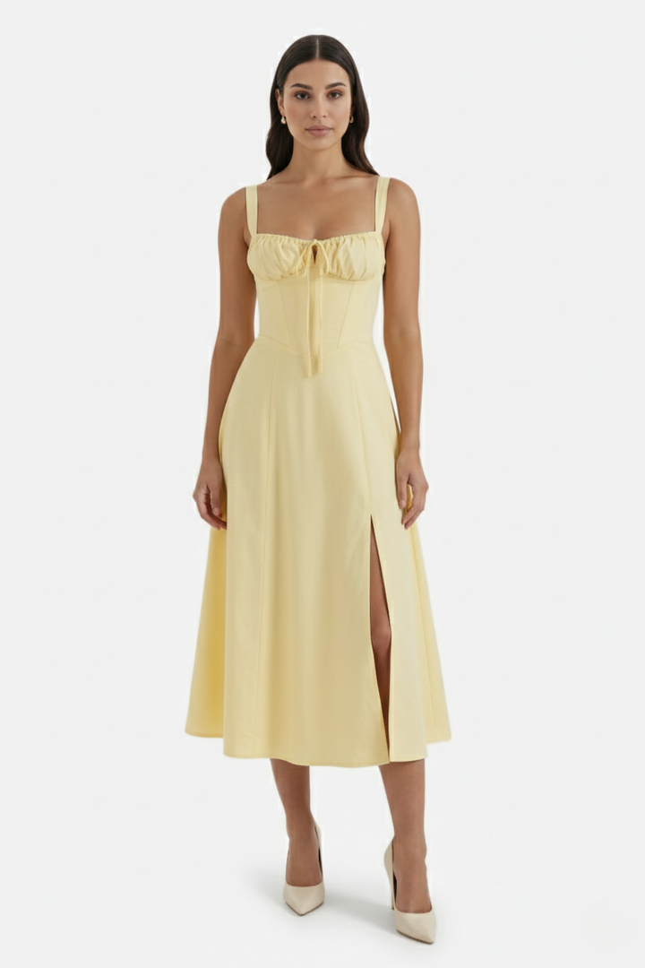 Summer Midi Dress Ruched Bust Tie Lace Up Back