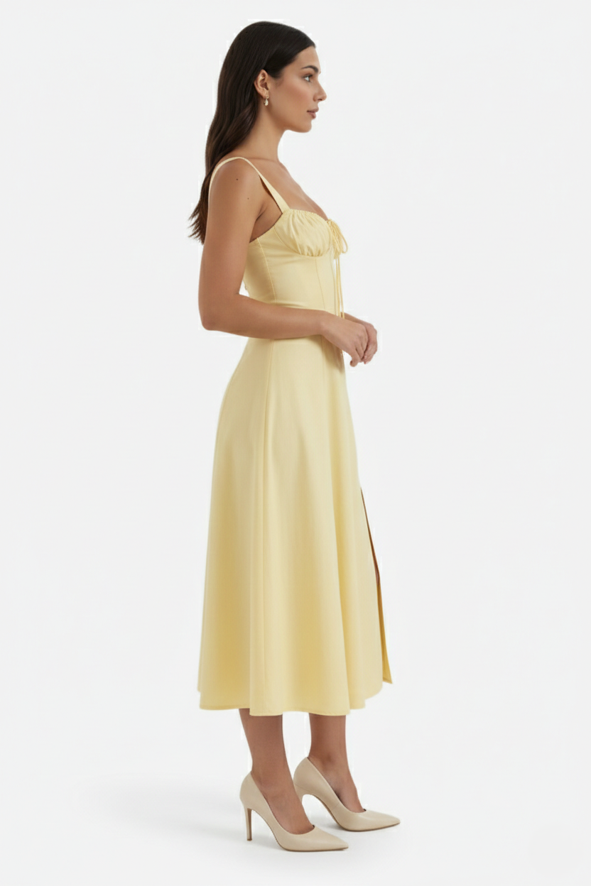 Summer Midi Dress Ruched Bust Tie Lace Up Back