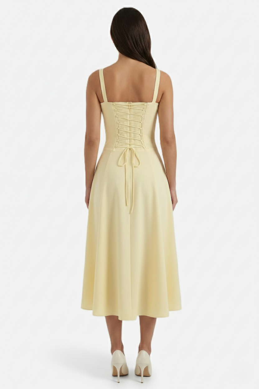 Summer Midi Dress Ruched Bust Tie Lace Up Back