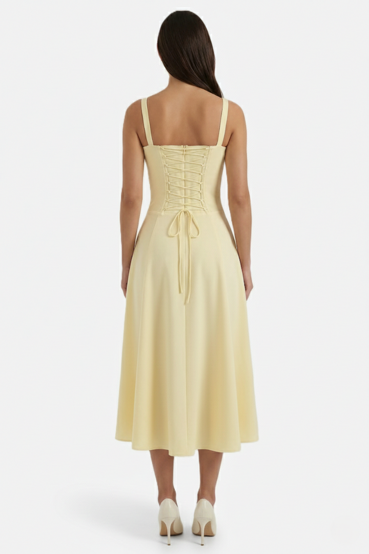 Summer Midi Dress Ruched Bust Tie Lace Up Back