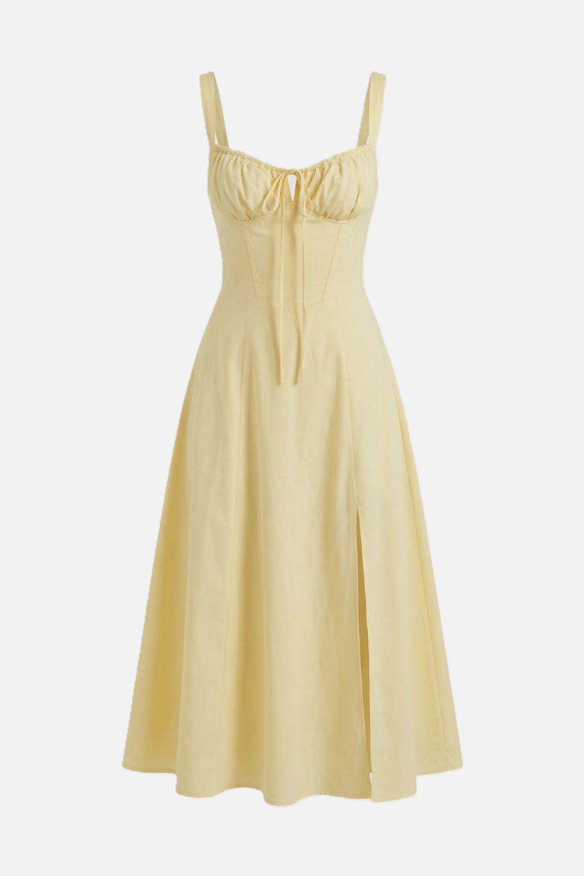 Summer Midi Dress Ruched Bust Tie Lace Up Back