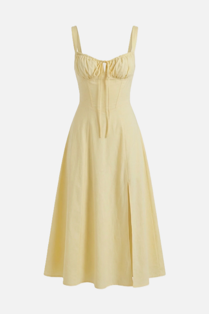 Summer Midi Dress Ruched Bust Tie Lace Up Back