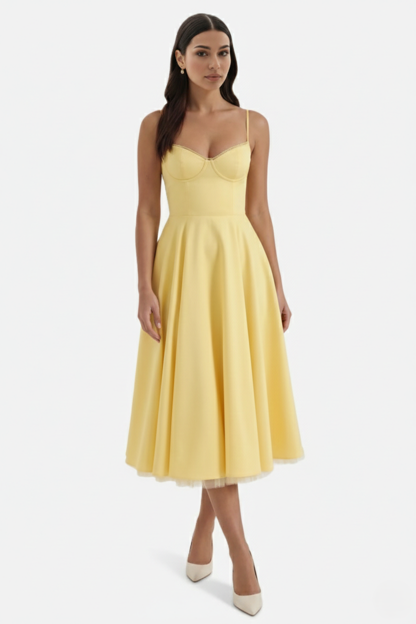 Sweetheart Bustier Midi Dress with Full Circle Skirt and Tulle Hem