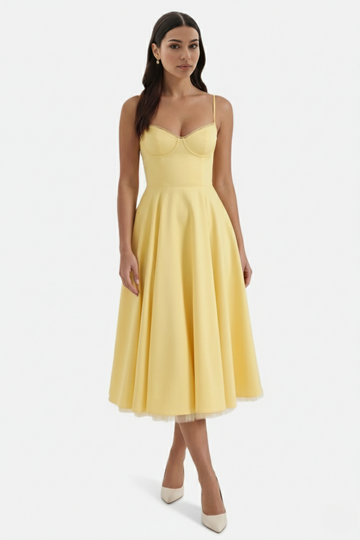 Sweetheart Bustier Midi Dress with Full Circle Skirt and Tulle Hem