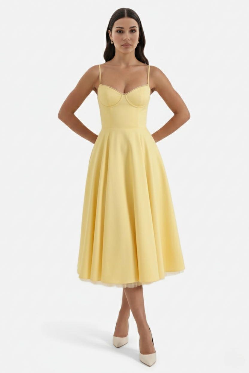 Sweetheart Bustier Midi Dress with Full Circle Skirt and Tulle Hem