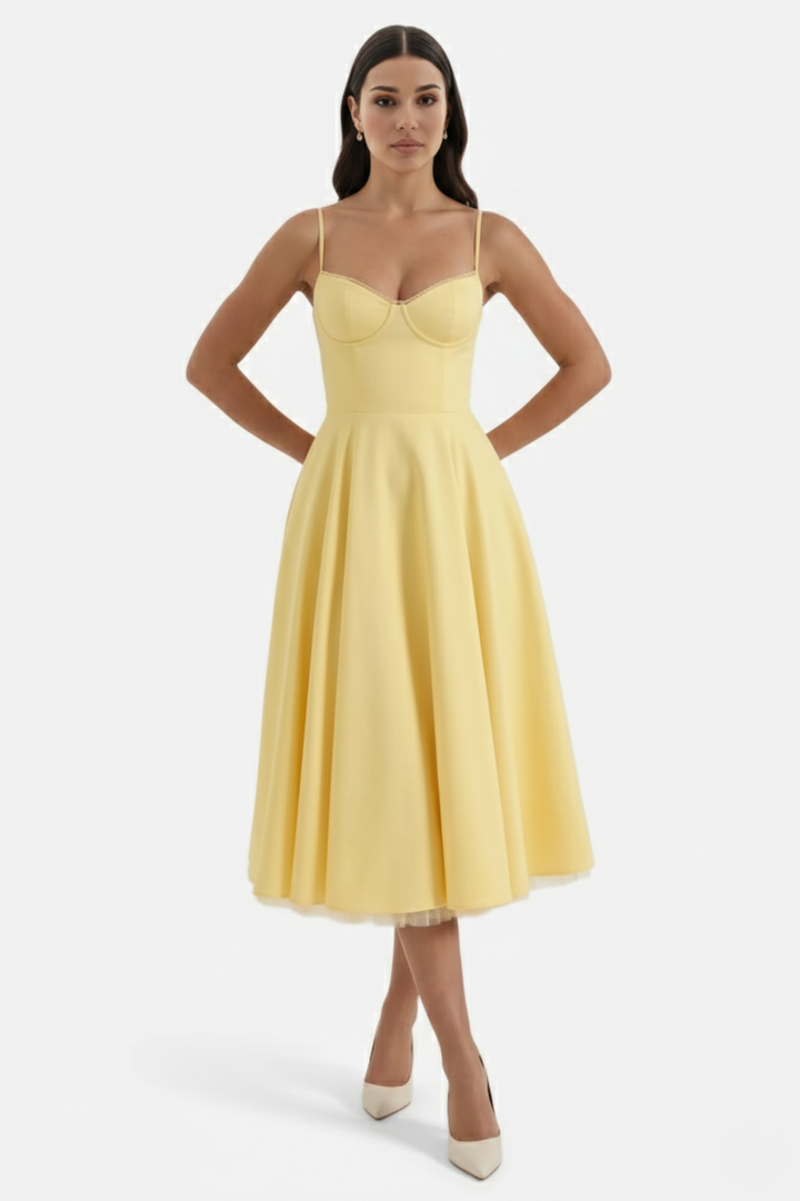 Sweetheart Bustier Midi Dress with Full Circle Skirt and Tulle Hem