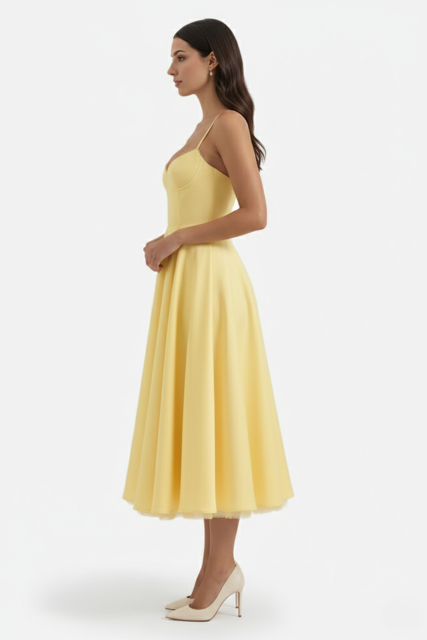 Sweetheart Bustier Midi Dress with Full Circle Skirt and Tulle Hem