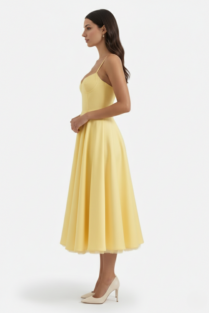 Sweetheart Bustier Midi Dress with Full Circle Skirt and Tulle Hem