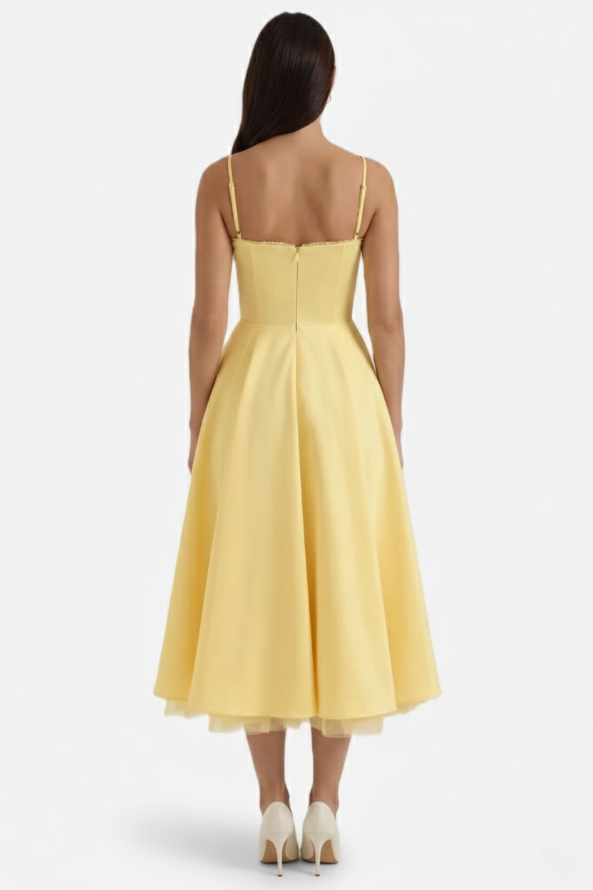 Sweetheart Bustier Midi Dress with Full Circle Skirt and Tulle Hem