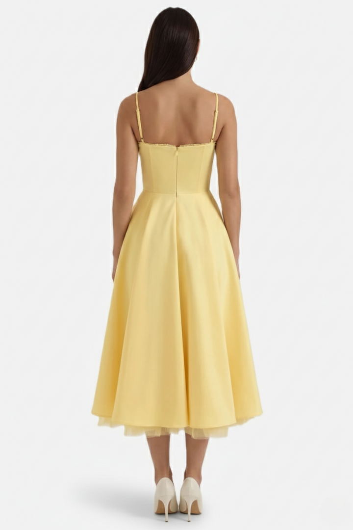 Sweetheart Bustier Midi Dress with Full Circle Skirt and Tulle Hem