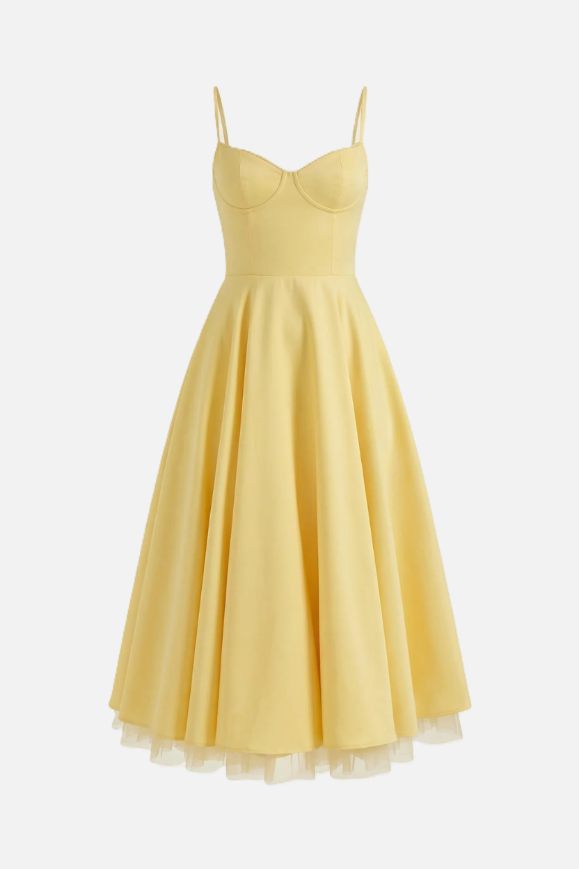 Sweetheart Bustier Midi Dress with Full Circle Skirt and Tulle Hem