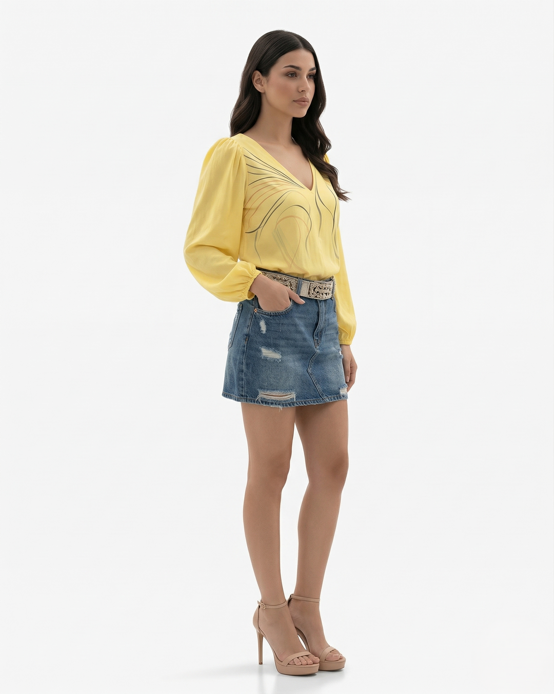 V Neck Printed Blouse Long Sleeve Puff Sleeve