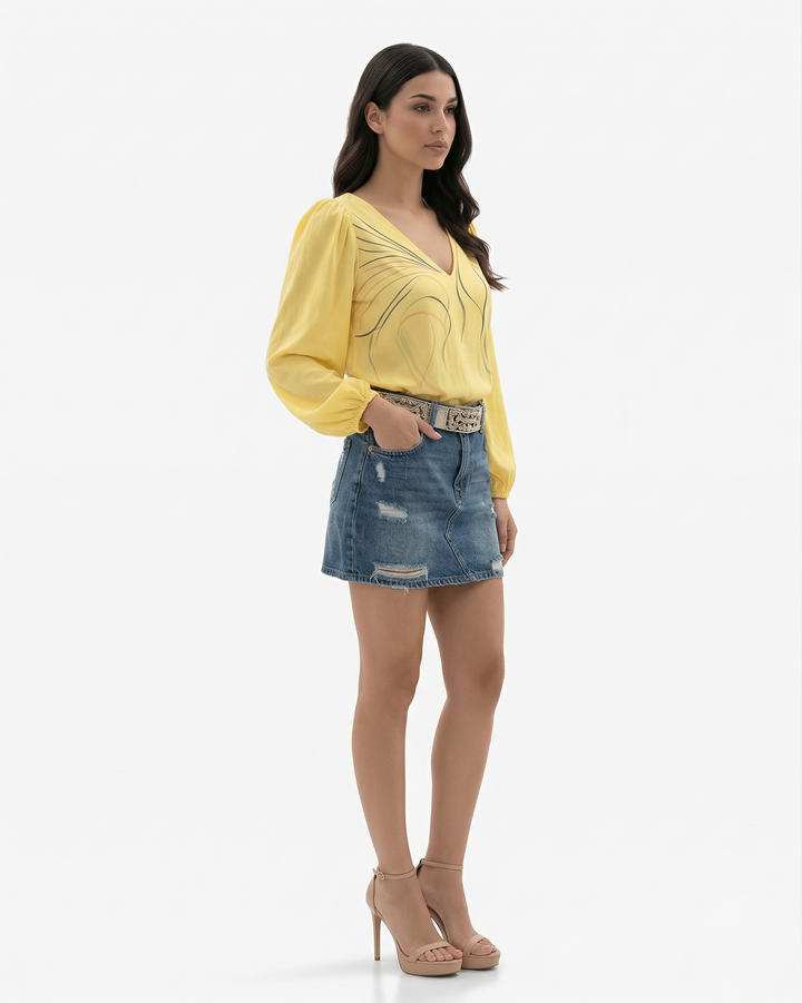 V Neck Printed Blouse Long Sleeve Puff Sleeve