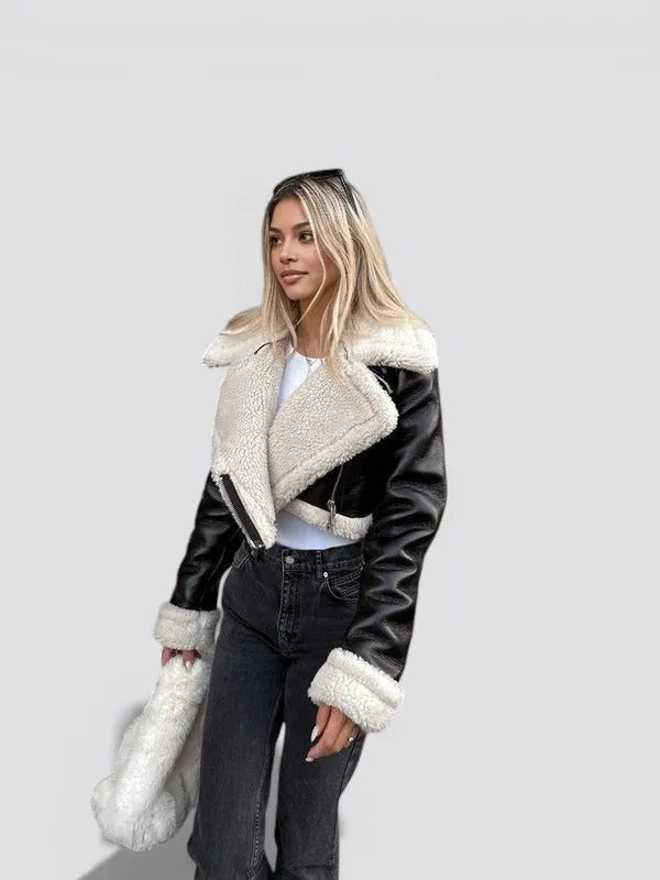 Reversible Cropped Jacket for Women – Faux Leather and Faux Fur Zip Up Warm Coat
