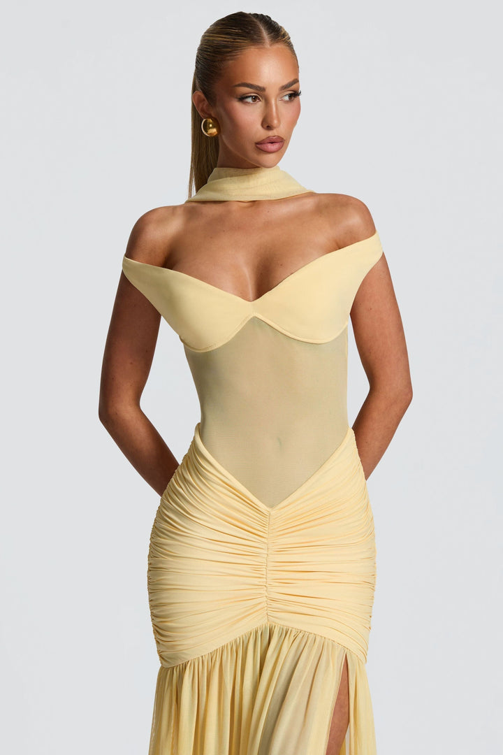 Alya Metallic Maxi Dress – Vibrant Olive Yellow Black Evening Gown