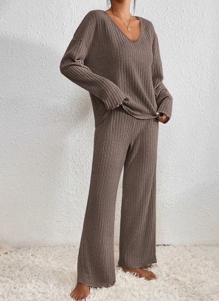 Women’s Ribbed Two Piece Lounge Set – V Neck Top and Relaxed Pants Soft Everyday Outfit
