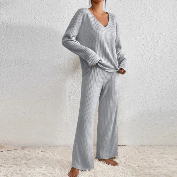 Women’s Ribbed Two Piece Lounge Set – V Neck Top and Relaxed Pants Soft Everyday Outfit