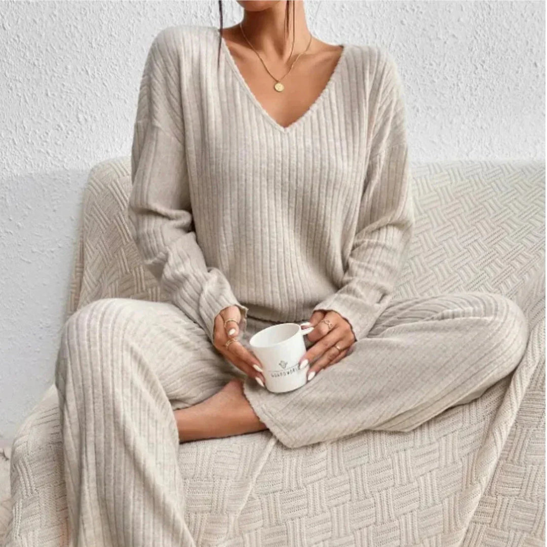 Women’s Ribbed Two Piece Lounge Set – V Neck Top and Relaxed Pants Soft Everyday Outfit