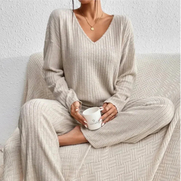 Women’s Ribbed Two Piece Lounge Set – V Neck Top and Relaxed Pants Soft Everyday Outfit