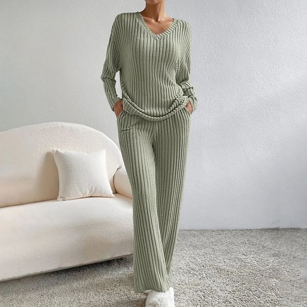 Women’s Ribbed Two Piece Lounge Set – V Neck Top and Relaxed Pants Soft Everyday Outfit