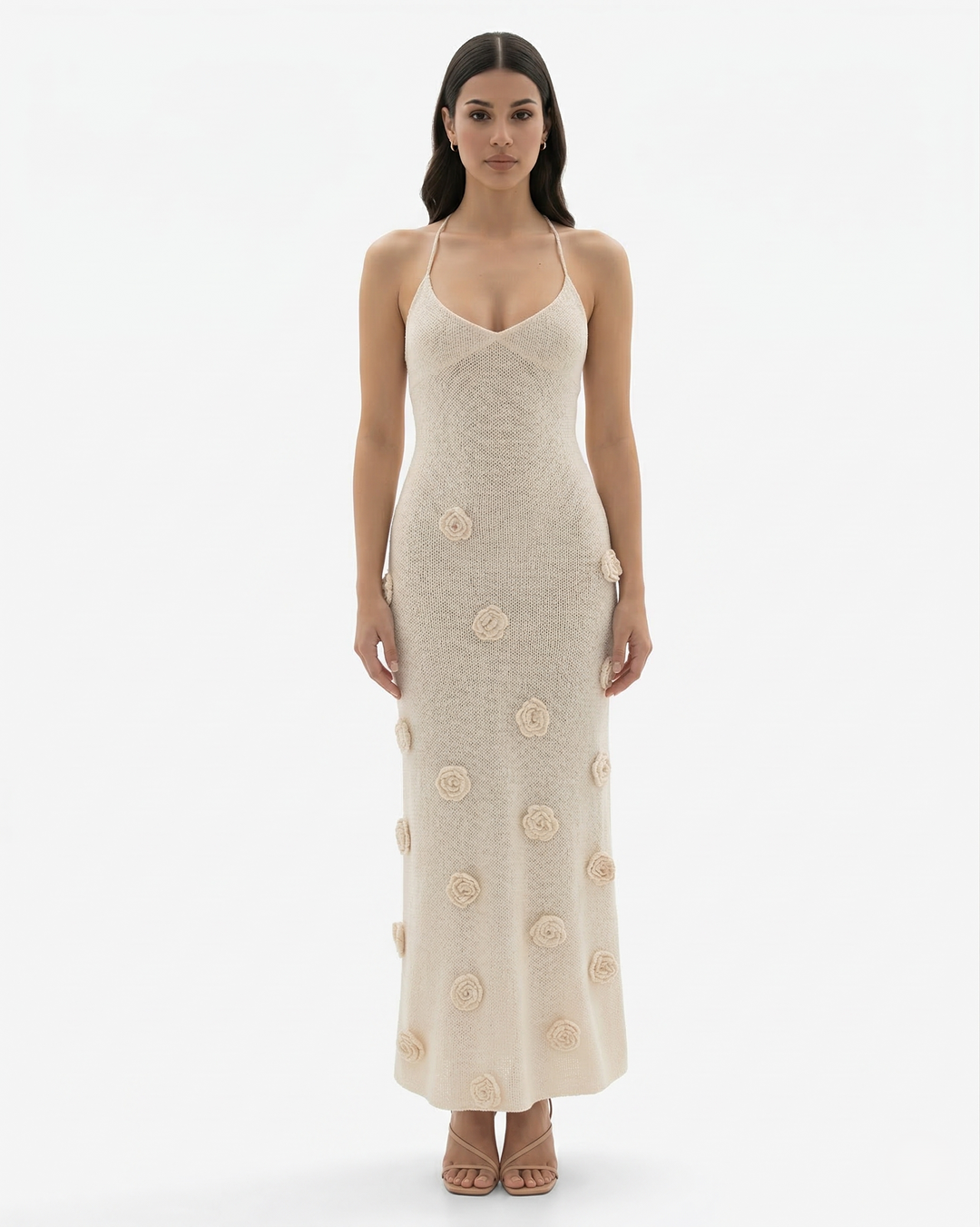 Floral Applique Maxi Dress V Neck Spaghetti Strap Backless