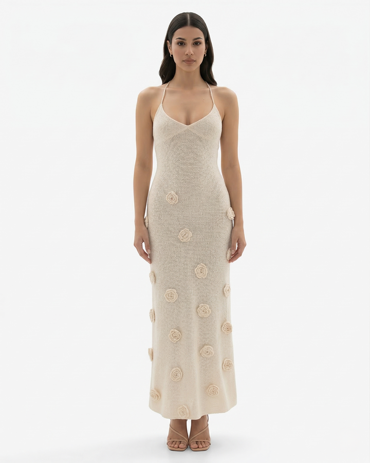 Floral Applique Maxi Dress V Neck Spaghetti Strap Backless