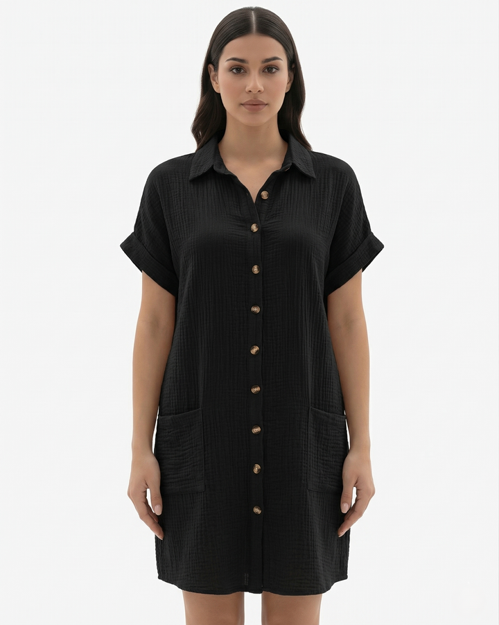 Button Down Shirt Dress Collared Rolled Cuff Sleeve with Pockets