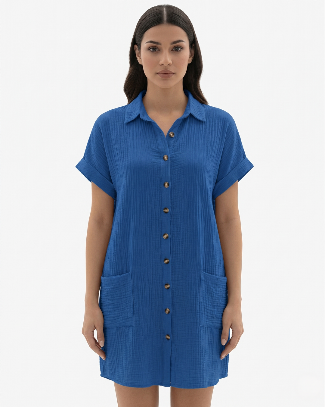 Button Down Shirt Dress Collared Rolled Cuff Sleeve with Pockets