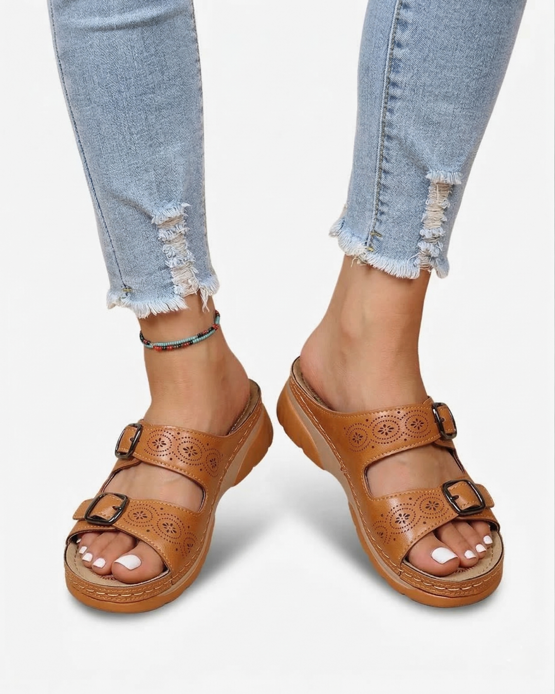Slide Sandals Low Wedge Double Buckle Open Toe