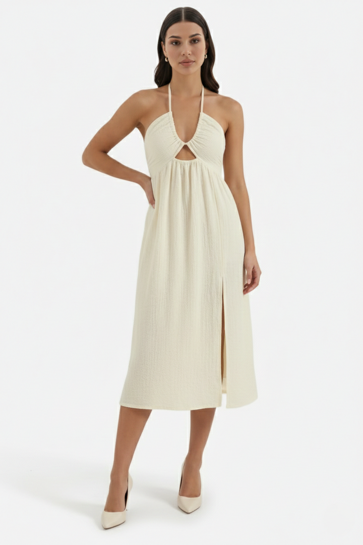Midi Summer Dress Textured Halter Neck Backless Cut Out Detail with Side Slit