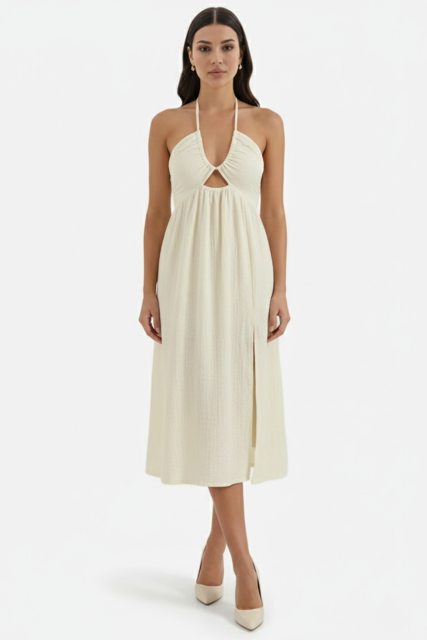 Midi Summer Dress Textured Halter Neck Backless Cut Out Detail with Side Slit