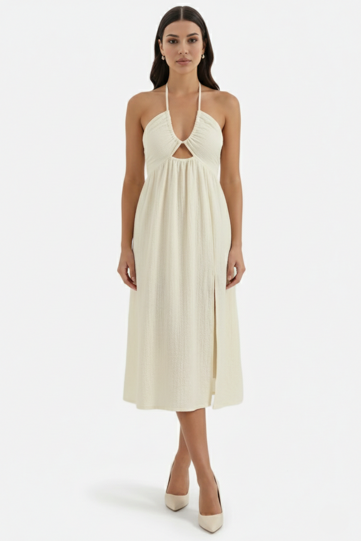 Midi Summer Dress Textured Halter Neck Backless Cut Out Detail with Side Slit