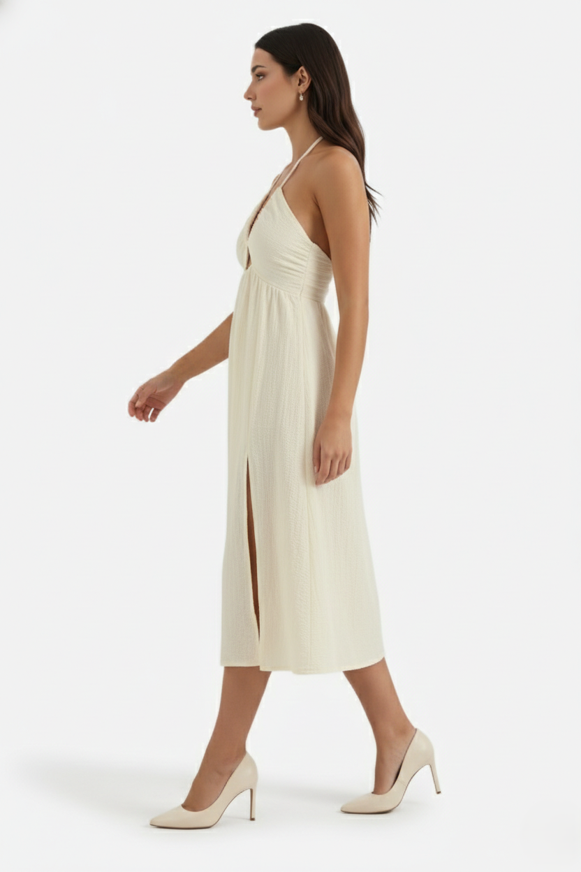 Midi Summer Dress Textured Halter Neck Backless Cut Out Detail with Side Slit