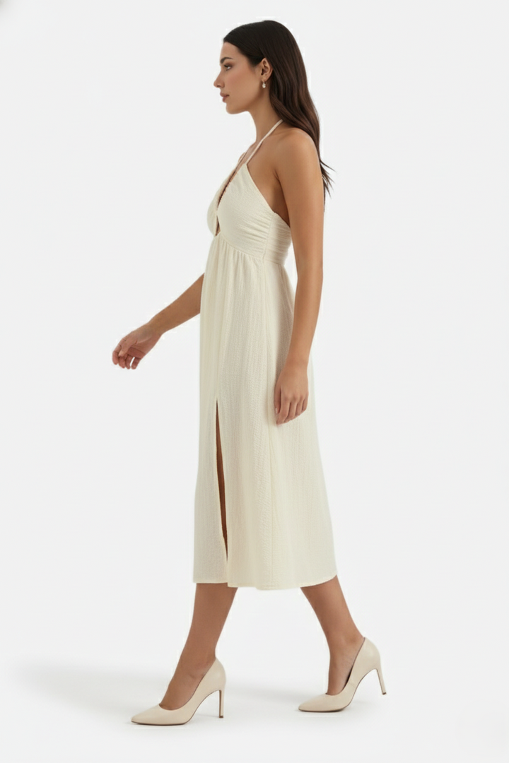 Midi Summer Dress Textured Halter Neck Backless Cut Out Detail with Side Slit