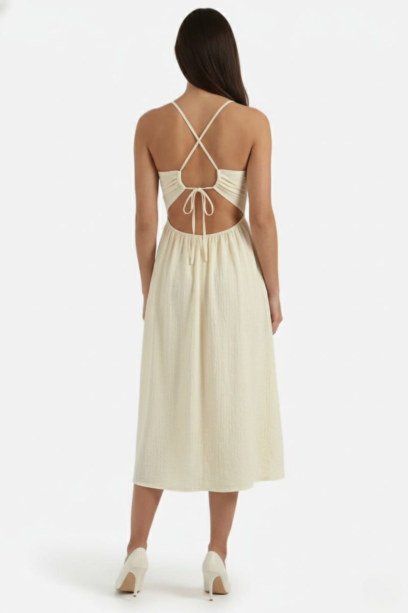 Midi Summer Dress Textured Halter Neck Backless Cut Out Detail with Side Slit