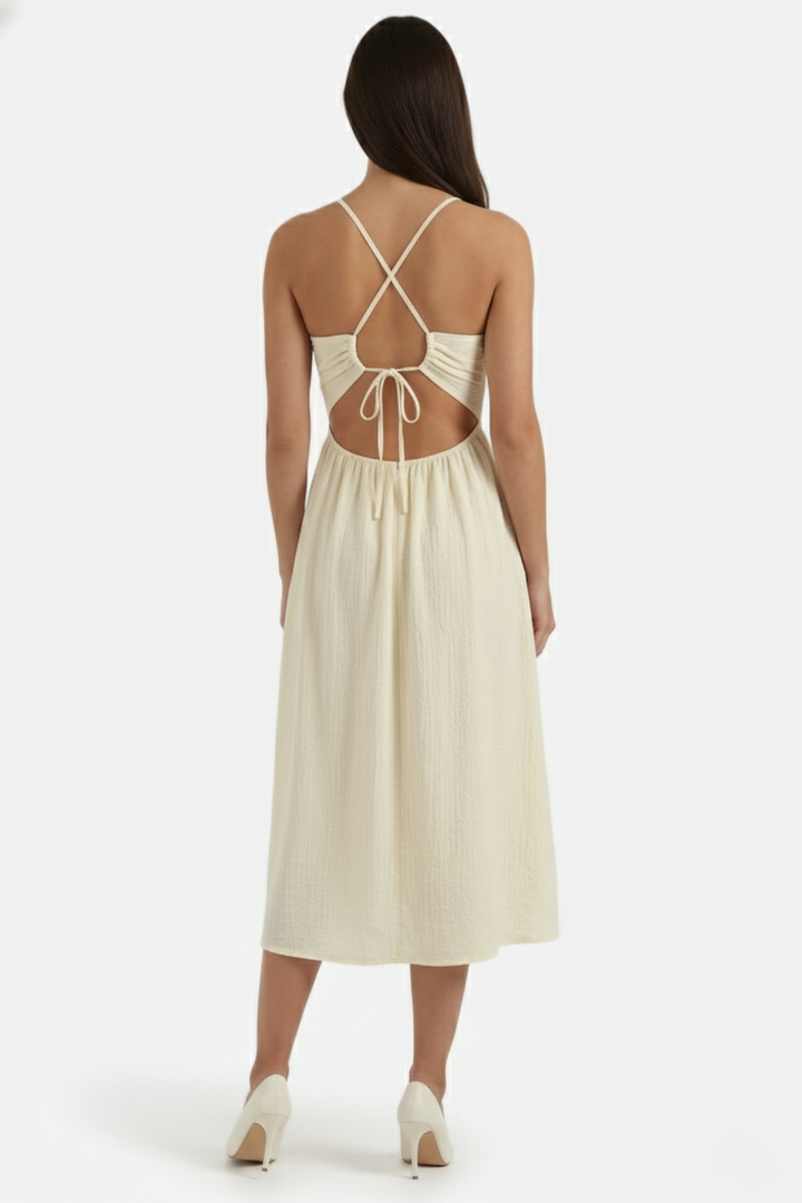 Midi Summer Dress Textured Halter Neck Backless Cut Out Detail with Side Slit