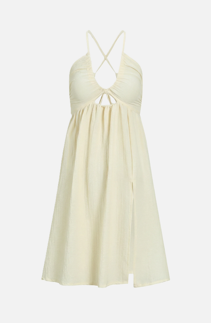 Midi Summer Dress Textured Halter Neck Backless Cut Out Detail with Side Slit