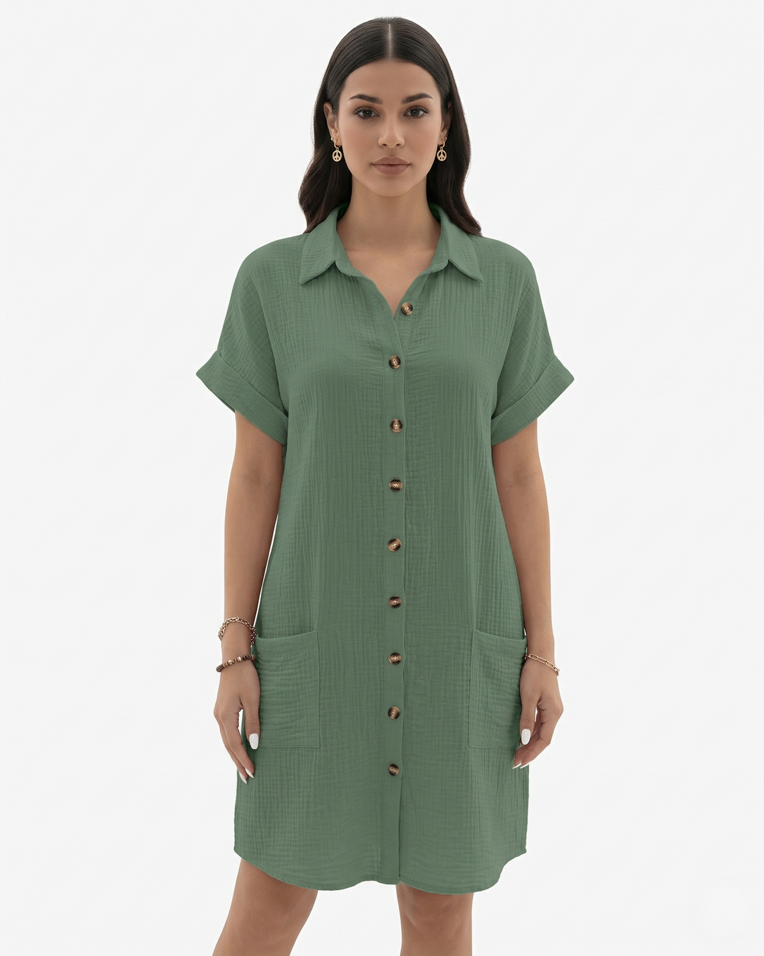Button Down Shirt Dress Collared Rolled Cuff Sleeve with Pockets